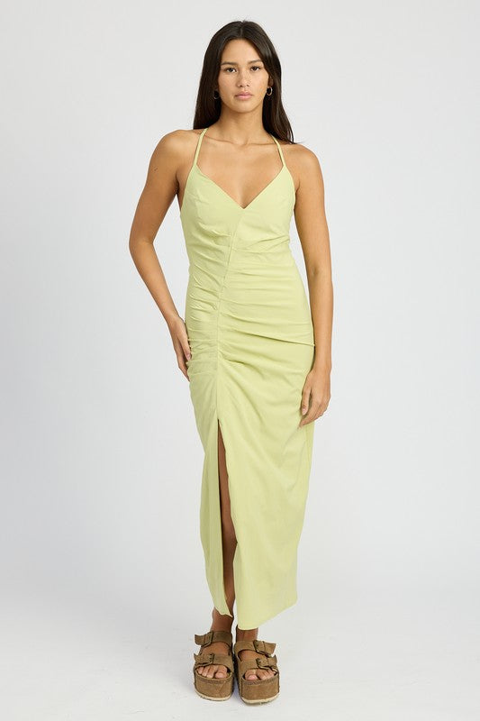 AVAH-Lime Light Ruched Maxi Dress, Sleeveless-Green