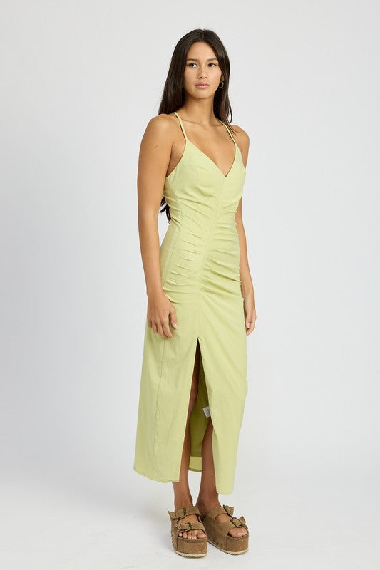 AVAH-Lime Light Ruched Maxi Dress, Sleeveless-Green