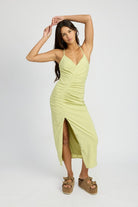 AVAH-Lime Light Ruched Maxi Dress, Sleeveless-Green