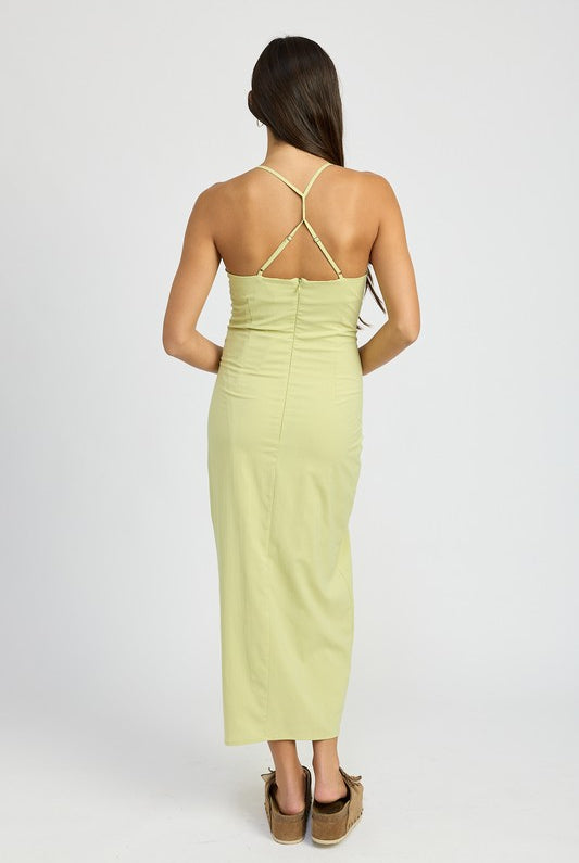 AVAH-Lime Light Ruched Maxi Dress, Sleeveless-Green