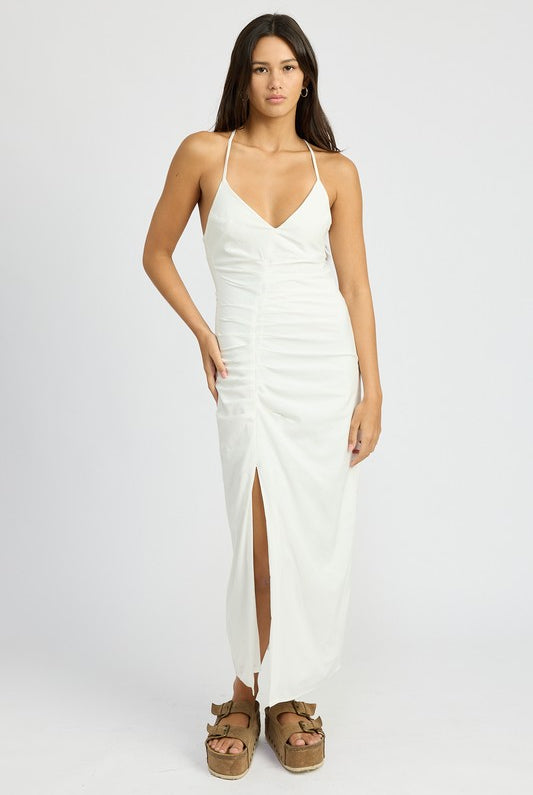 AVAH-Lime Light Ruched Maxi Dress, Sleeveless-White