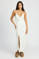 AVAH-Lime Light Ruched Maxi Dress, Sleeveless-White