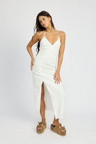 AVAH-Lime Light Ruched Maxi Dress, Sleeveless-White