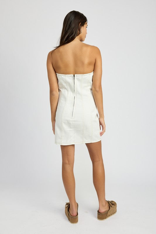 AVAH-Modern Edge Denim Strapless Mini Dress-White