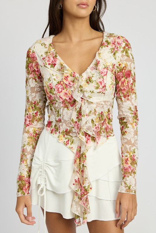 AVAH-Blooming Elegance Long Sleeve Floral Lace Top-Ivory and Pink Floral