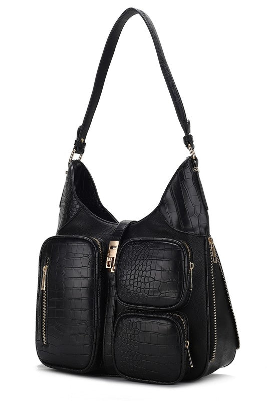 Black croc-embossed vegan leather shoulder bag with structured exterior pockets