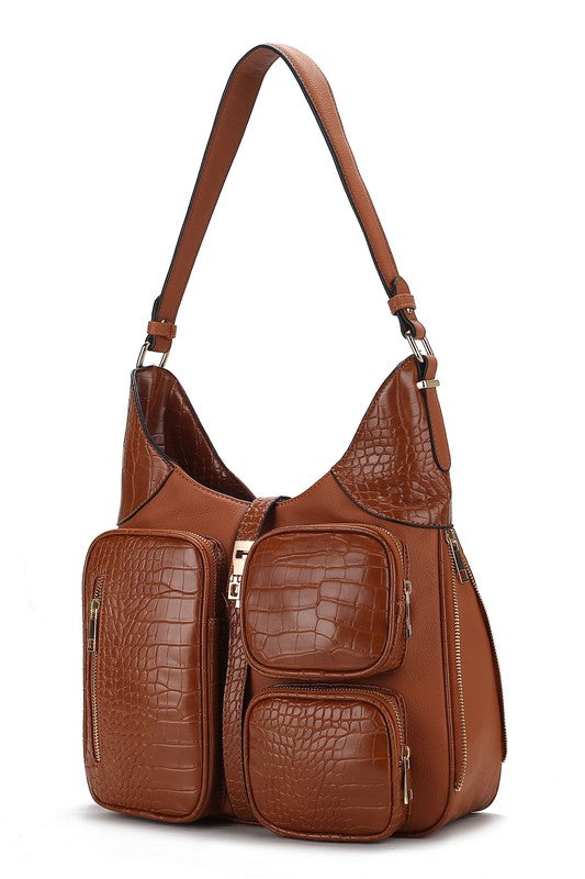 Rich cognac crocodile-look shoulder bag with functional zip details