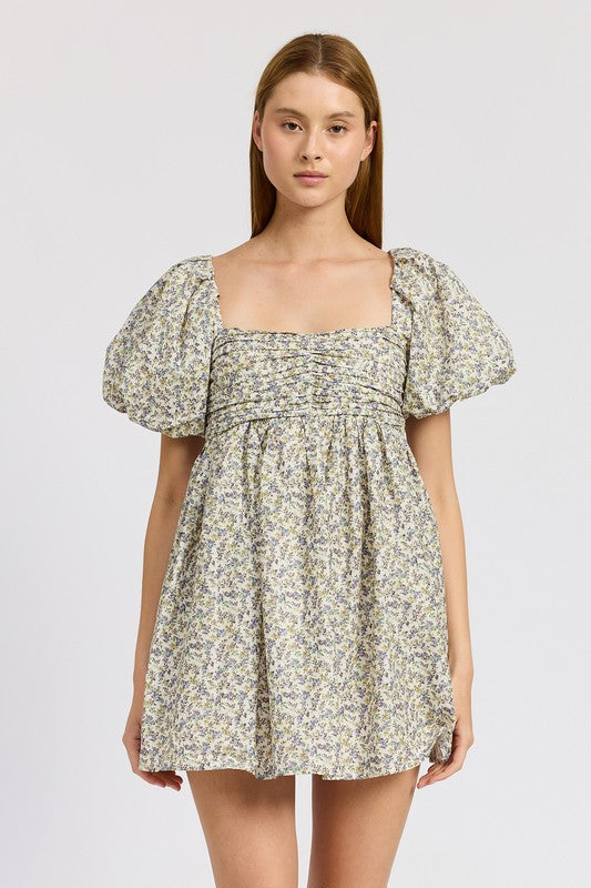 AVAH-Blossom Beauty Puff Sleeve Floral Babydoll Mini Dress-Navy and Lime Floral