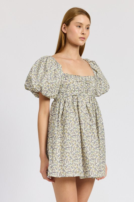 AVAH-Blossom Beauty Puff Sleeve Floral Babydoll Mini Dress-Navy and Lime Floral