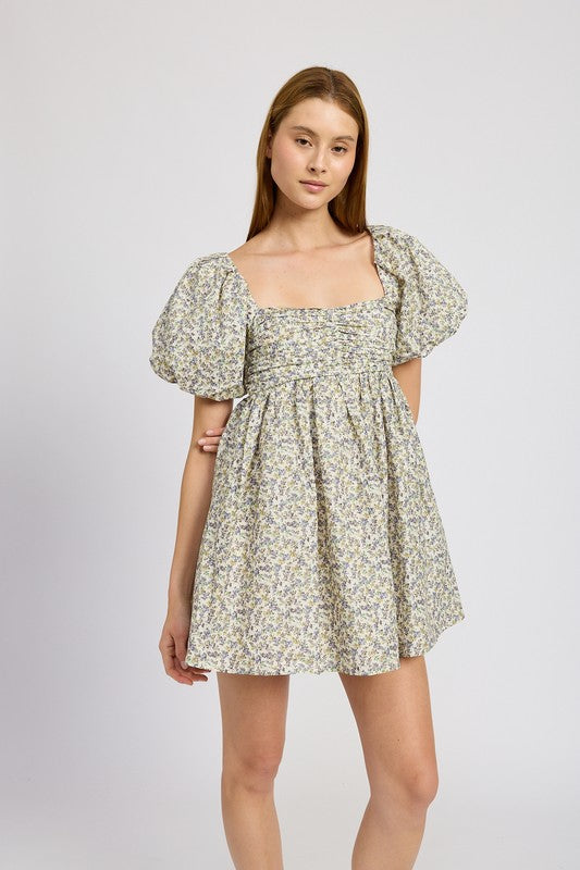 AVAH-Blossom Beauty Puff Sleeve Floral Babydoll Mini Dress-Navy and Lime Floral