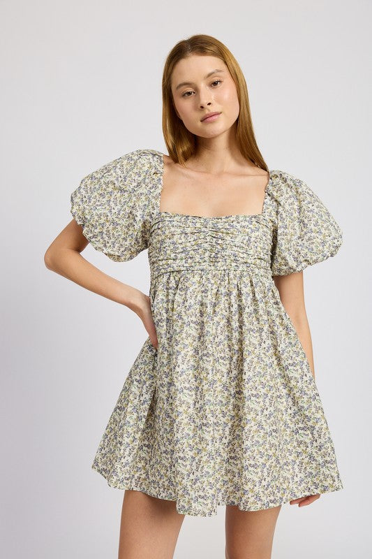 AVAH-Blossom Beauty Puff Sleeve Floral Babydoll Mini Dress-Navy and Lime Floral