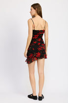 Black red floral ruched mini dress back view