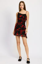 Black red floral ruched mini dress full body front view
