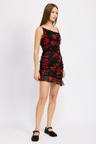 Black red floral ruched mini dress side view
