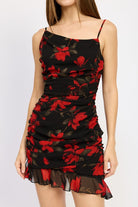 Black red floral ruched mini dress close up front
