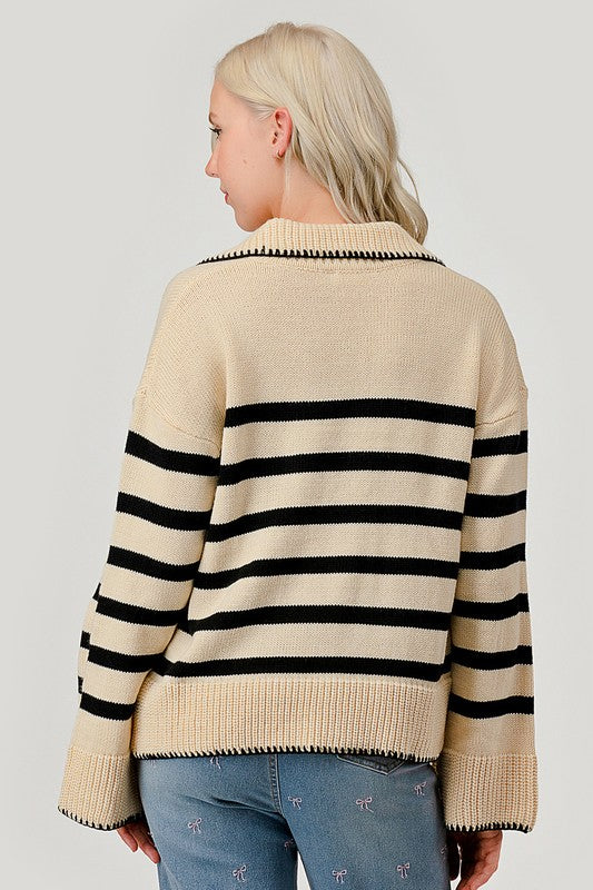 AVAH-Lindsay Striped V Neck Sweater-Ivory and Black Stripe