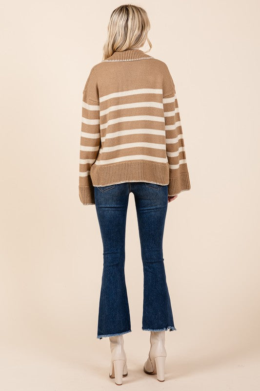 AVAH-Lindsay Striped V Neck Sweater-Camel Brown and Ivory Stripe