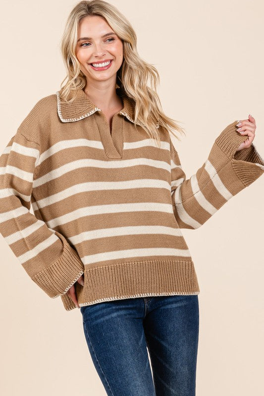 AVAH-Lindsay Striped V Neck Sweater-Camel Brown and Ivory Stripe