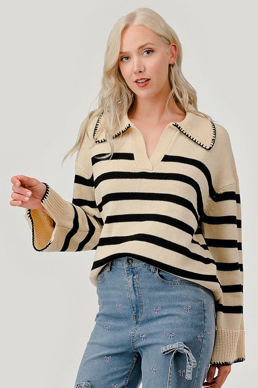 AVAH-Lindsay Striped V Neck Sweater-Ivory and Black Stripe