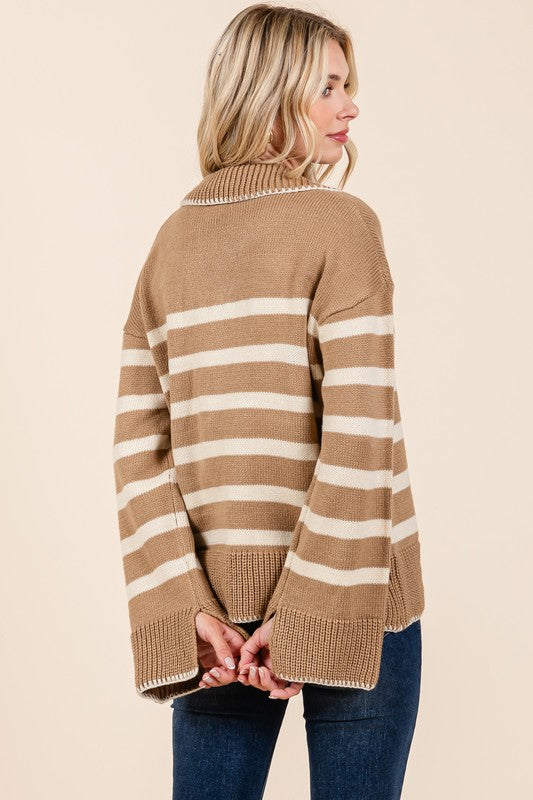 AVAH-Lindsay Striped V Neck Sweater-Camel Brown and Ivory Stripe