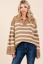 AVAH-Lindsay Striped V Neck Sweater-Camel Brown and Ivory Stripe