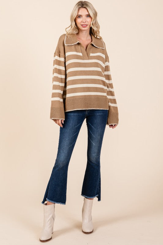 AVAH-Lindsay Striped V Neck Sweater-Camel Brown and Ivory Stripe