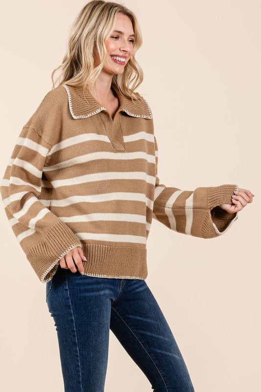 AVAH-Lindsay Striped V Neck Sweater-Camel Brown and Ivory Stripe