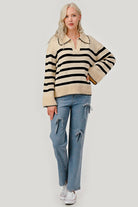 AVAH-Lindsay Striped V Neck Sweater-Ivory and Black Stripe