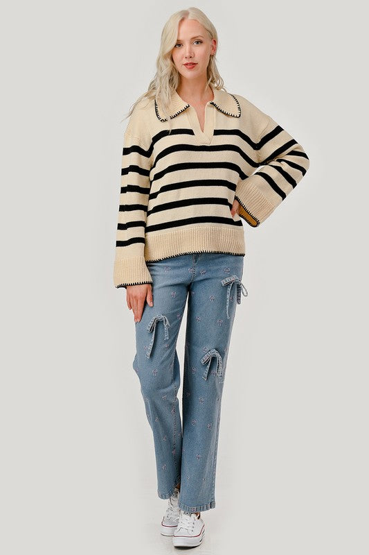 AVAH-Lindsay Striped V Neck Sweater-Ivory and Black Stripe