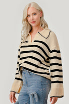 AVAH-Lindsay Striped V Neck Sweater-Ivory and Black Stripe