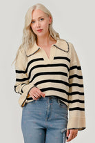 AVAH-Lindsay Striped V Neck Sweater-Ivory and Black Stripe