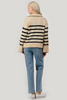 AVAH-Lindsay Striped V Neck Sweater-Ivory and Black Stripe