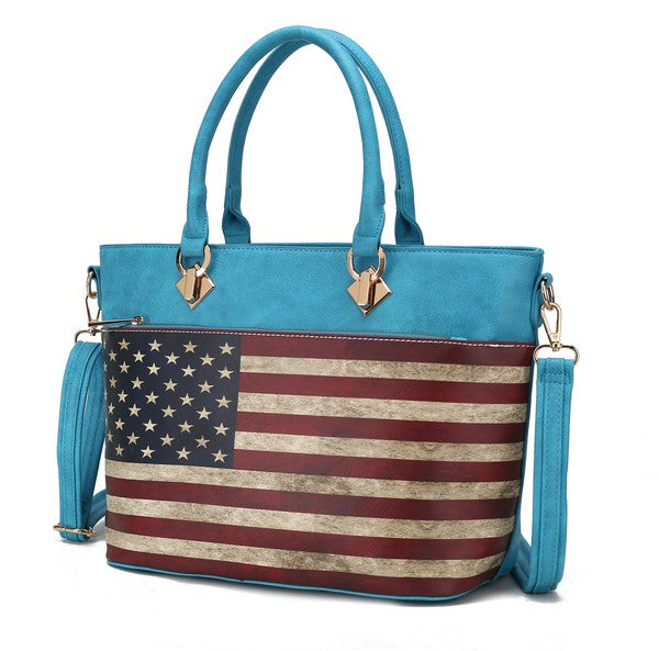 Turquoise patriotic tote with stars and stripes print and shoulder strap
