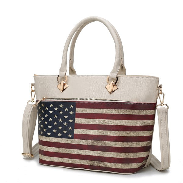 Beige tote with vintage American flag front and gold-tone accents
