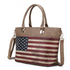 Taupe American flag tote bag with vintage stars and stripes design, gold-tone hardware, and removable crossbody strap