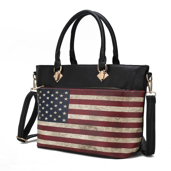 Black vegan leather tote bag with USA flag front panel and zip top