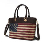 Brown patriotic tote bag with flag print and removable strap