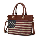 Tan vegan leather tote with printed American flag and gold-tone details
