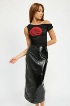 Shiny black midi skirt front detail with structured fit
