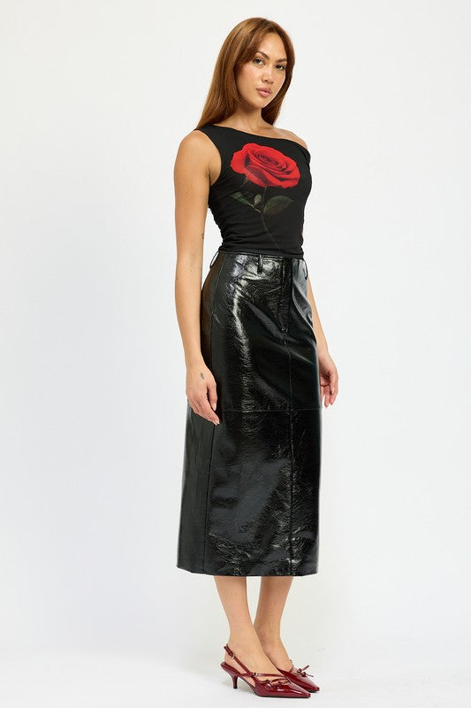 Side angle of patent-style black midi skirt
