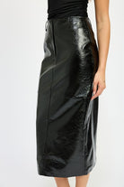 Side view of glossy black high-waist midi skirt
