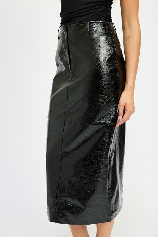 Side view of glossy black high-waist midi skirt
