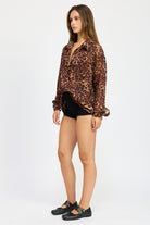 AVAH-Unstoppable Leopard Print Long Sleeve Button Up Top-Brown