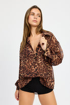 AVAH-Unstoppable Leopard Print Long Sleeve Button Up Top-Brown