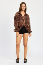 AVAH-Unstoppable Leopard Print Long Sleeve Button Up Top-Brown