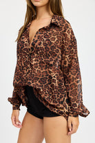 AVAH-Unstoppable Leopard Print Long Sleeve Button Up Top-Brown