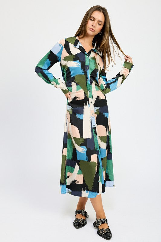 AVAH-Abstract Brushstroke Long Sleeve Shirt Dress-Black Multi