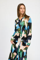 AVAH-Abstract Brushstroke Long Sleeve Shirt Dress-Black Multi