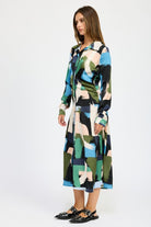 AVAH-Abstract Brushstroke Long Sleeve Shirt Dress-Black Multi