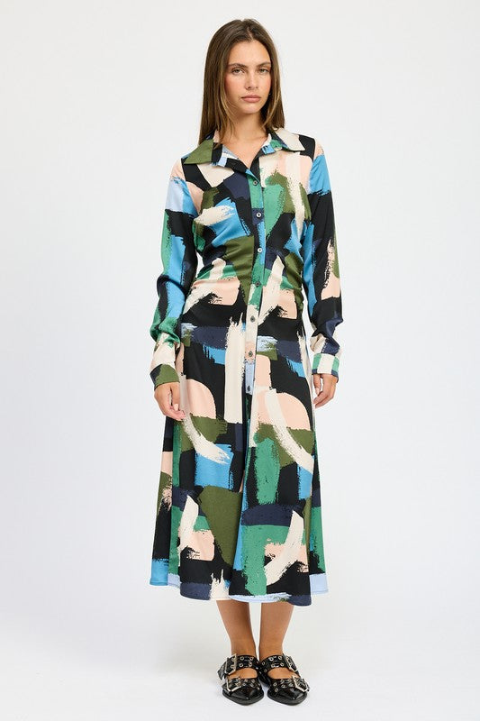 AVAH-Abstract Brushstroke Long Sleeve Shirt Dress-Black Multi